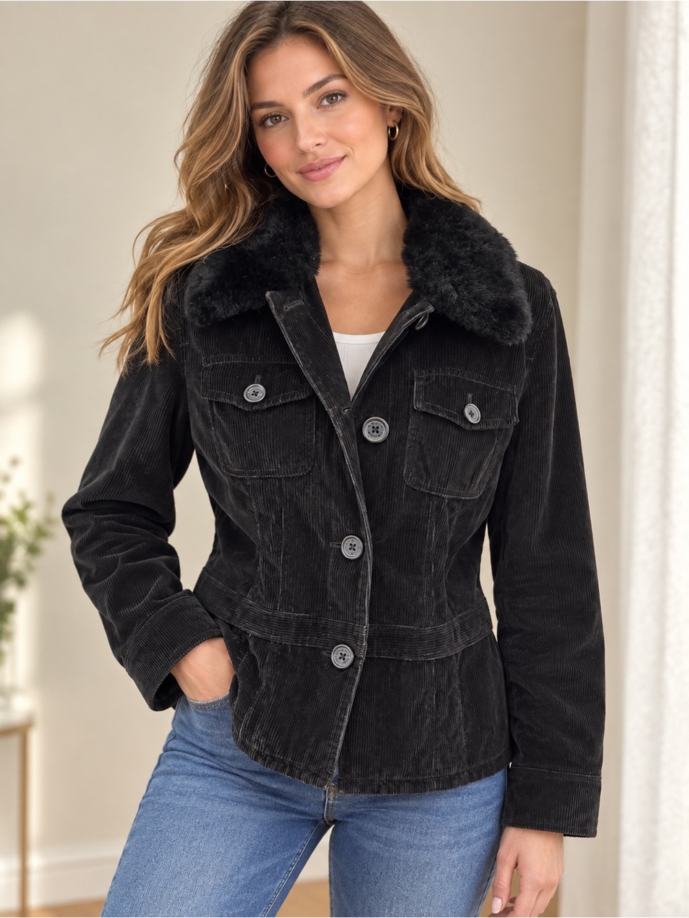 Liz Claiborne Black Corduroy Teddy Collar Jacket